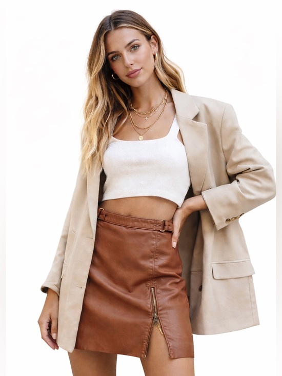 Free People Dresses & Skirts - NWT Free People Faux Leather Mini Skirt Zip Slit Brown Festival Chic